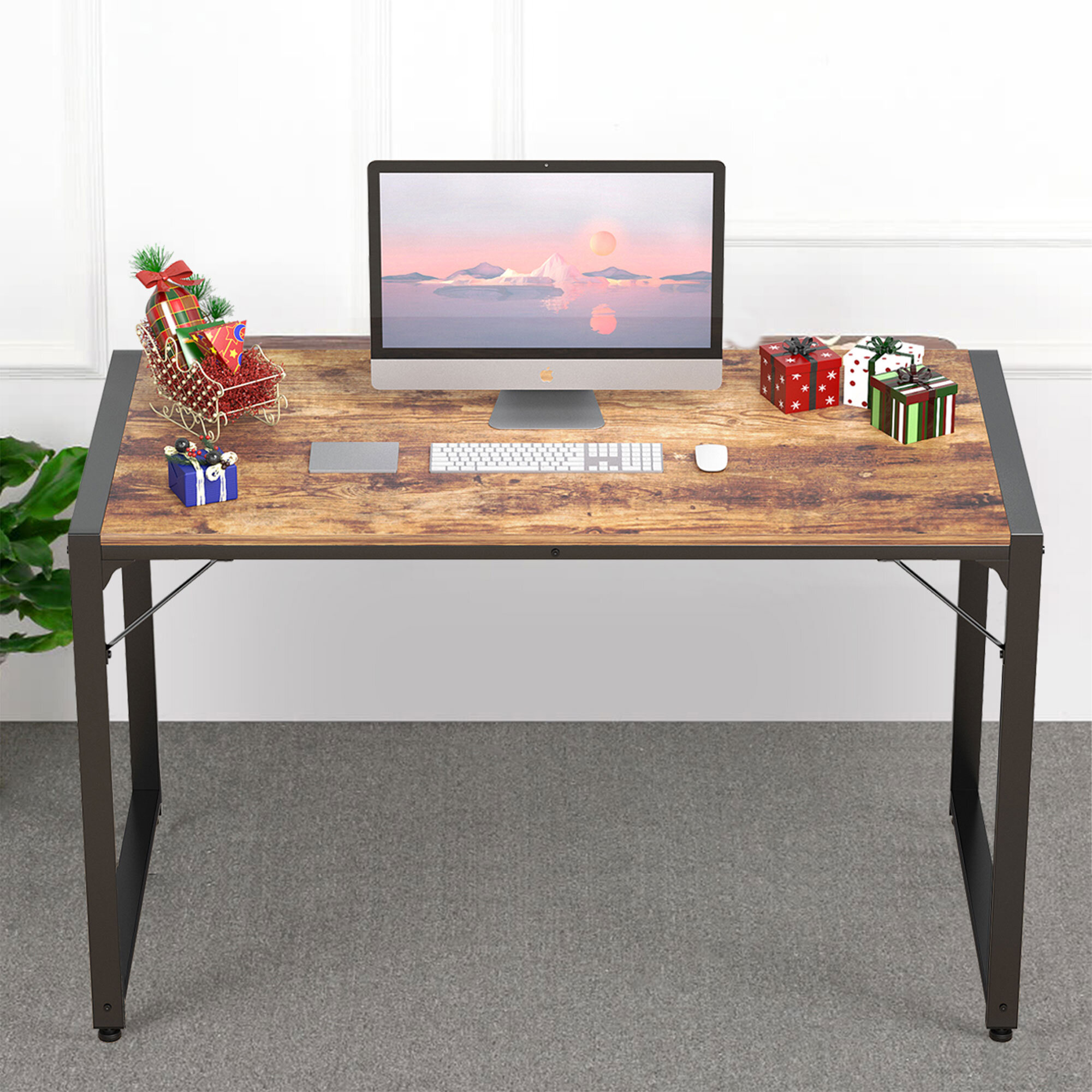 BON AUGURE Industrial Home Office Desks, Rustic Wood Computer Desk,  Farmhouse Sturdy Metal Writing Desk (60 Inch, Vintage Oak)