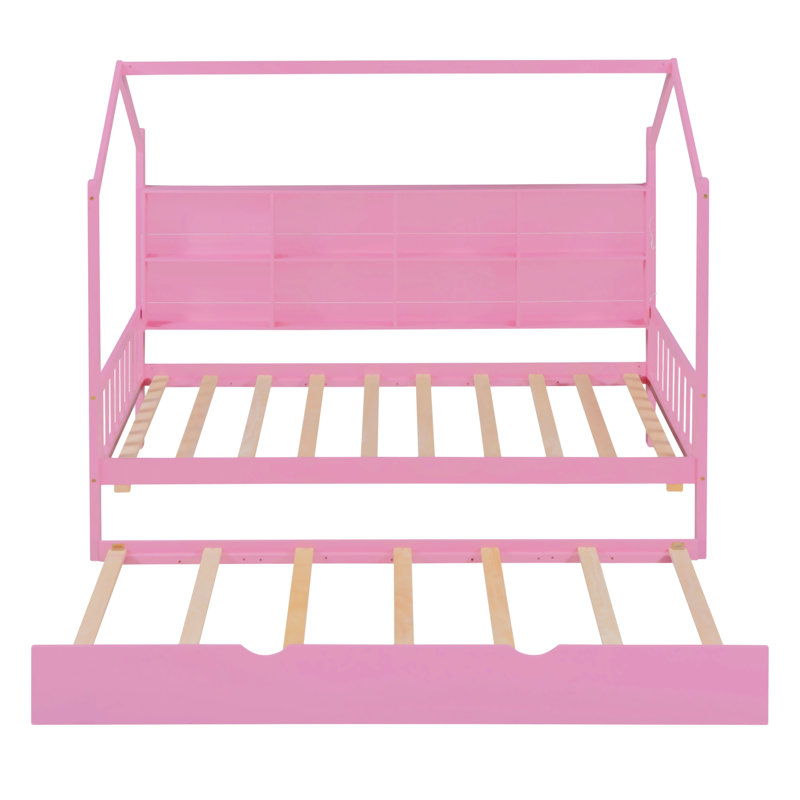 Yajaira Solid Wood Platform Bed House Bed with Trundle,Kids Bed with Shelf, Twin, Pink