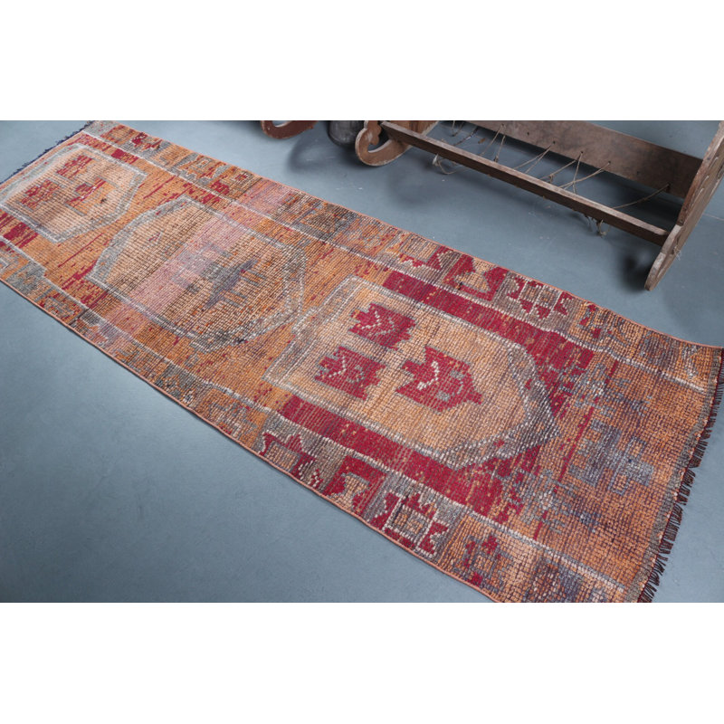 Tapis de couloir turc vintage orange avec motif Herki unique pour tapis d'entrée et d'escalier