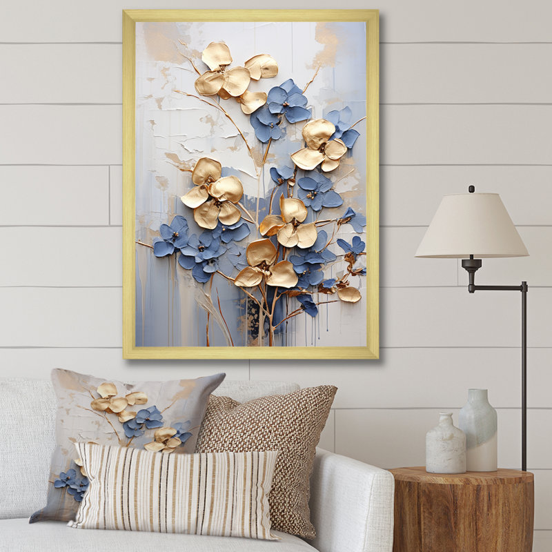 «Blue and Gold Adorned Violets II», reproduction sur toile, Cadre doré simple, H 44 po x l 34 po x P 1,5 po