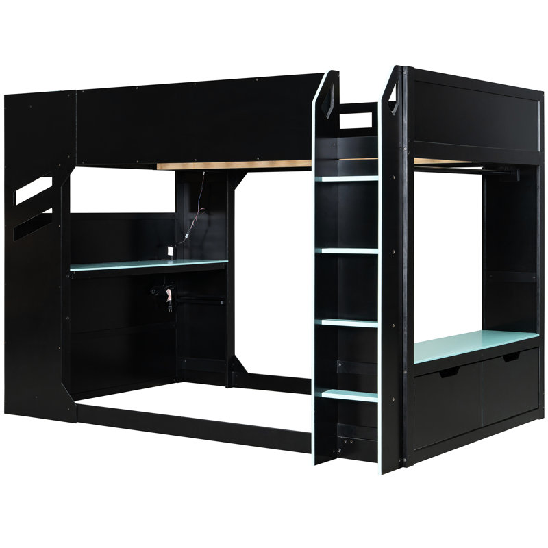 Lit mezzanine en bois pleine grandeur avec bande, bureau réglable, tiroirs et compartiments de rangement. Le bureau réglable de 21,9 po et 29,9 po est destiné aux étudiants. La bande crée un environnement excitant à la hauteur - lumières,