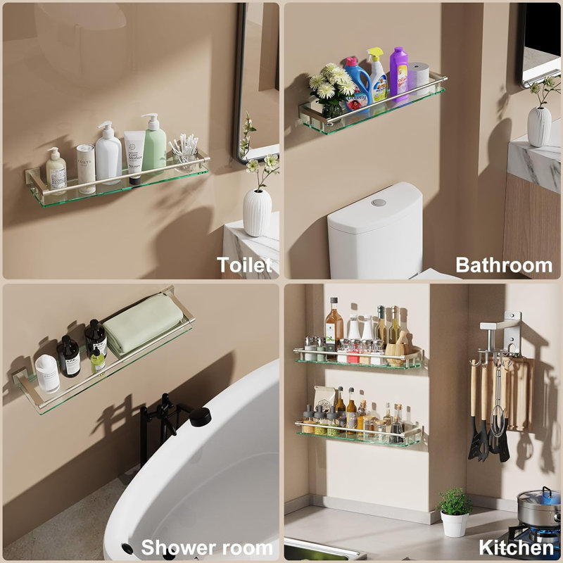 Tablette en verre pour salle de bain, Nickel brossé