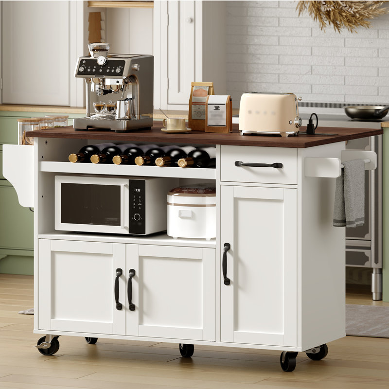 47'' Kitchen Island with Microwave Shelf, Power Outlet and Drop Leaf Rolling Kitchen Cart with Drawer and Wine Rack, White