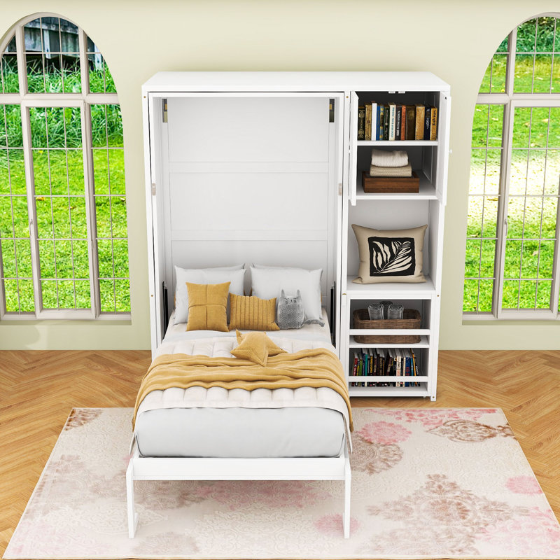 Multifunctional Twin Wooden Murphy Bed with Built-in Storage Shelves and Extendable Desk, White