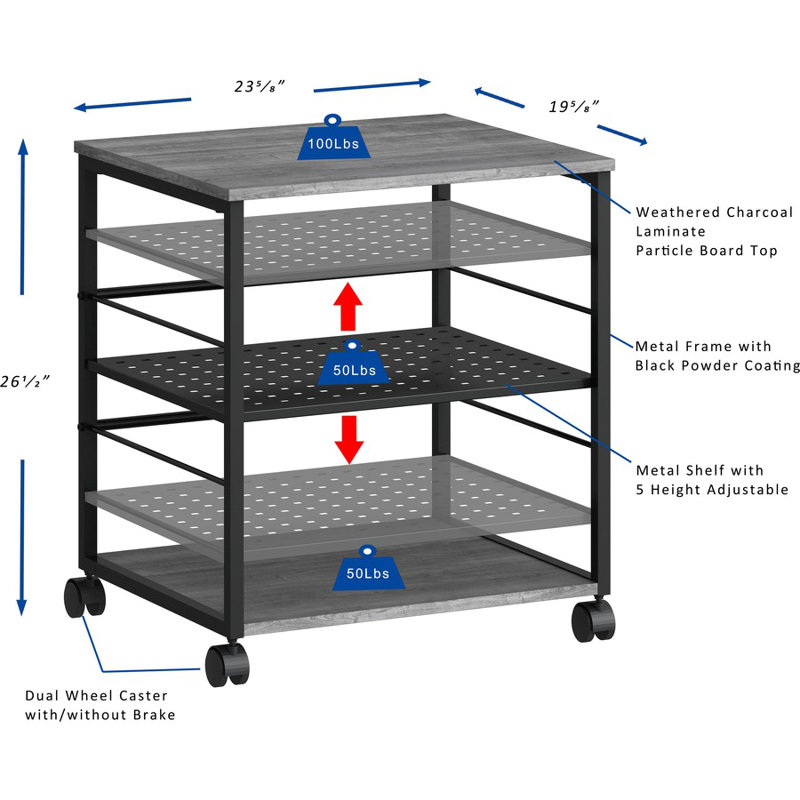 Black and Charcoal Metal Mobile Machine Stand with Shelves