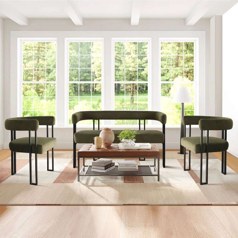 Causeuse et fauteuil en velours 3 pièces Dulcine Minimalist, Vert