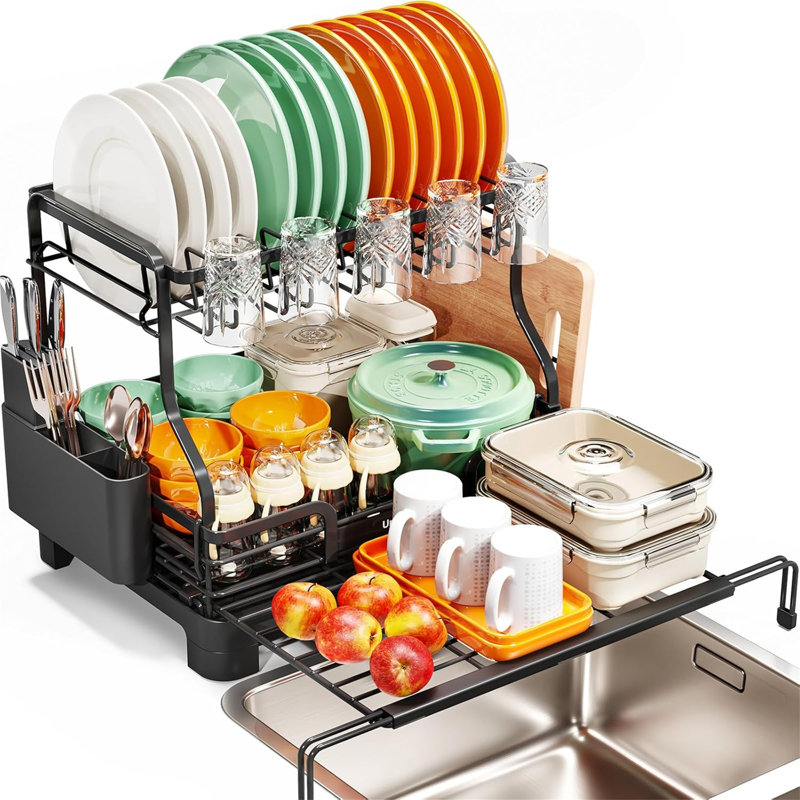 Expandable 2-Tier Dish Drying Rack For Kitchen Counter & Sink Use