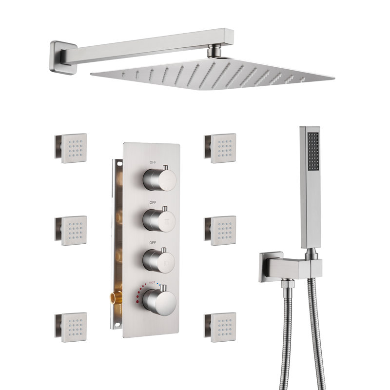 3-Fuction Wall Mounted Thermostatic Luxury Rainfall Shower System with 6 Body Jets and Slide Bar, Brushed Nickel