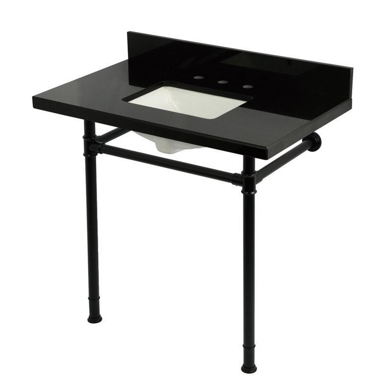 Kingston Brass Imperial 36-Inch Black Granite Console Sink with Stainless Steel Legs (8-Inch, 3-Hole), Matte Black