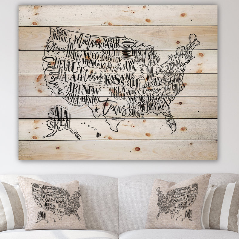Carte des États-Unis - reproduction d'impression, Bois, H 12 po x l 20 po x p 1 po