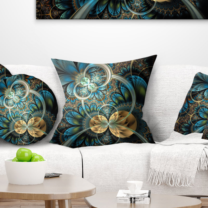 Fleur symétrique or bleu fractal - coussin imprimé abstrait, 16 po x 1 po, Coussin décoratif