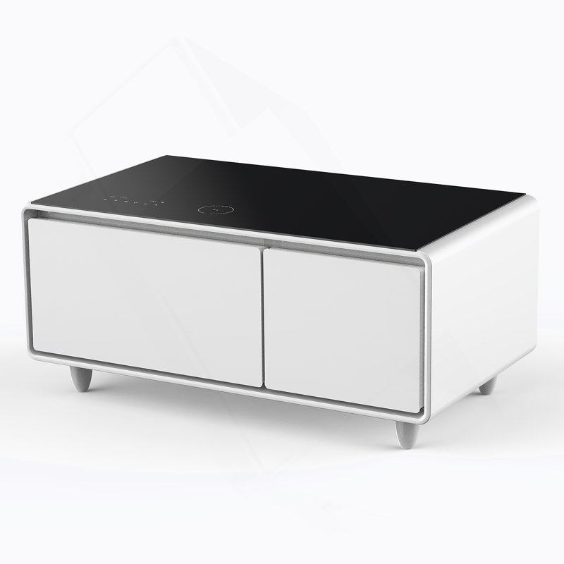 Smart Coffee Table With Built-In Fridge And Freezer Drawers, Bluetooth Speaker, Wireless Charging, Touch Control Panel, USB Ports, Outlet Protection, Atmosphere Light
