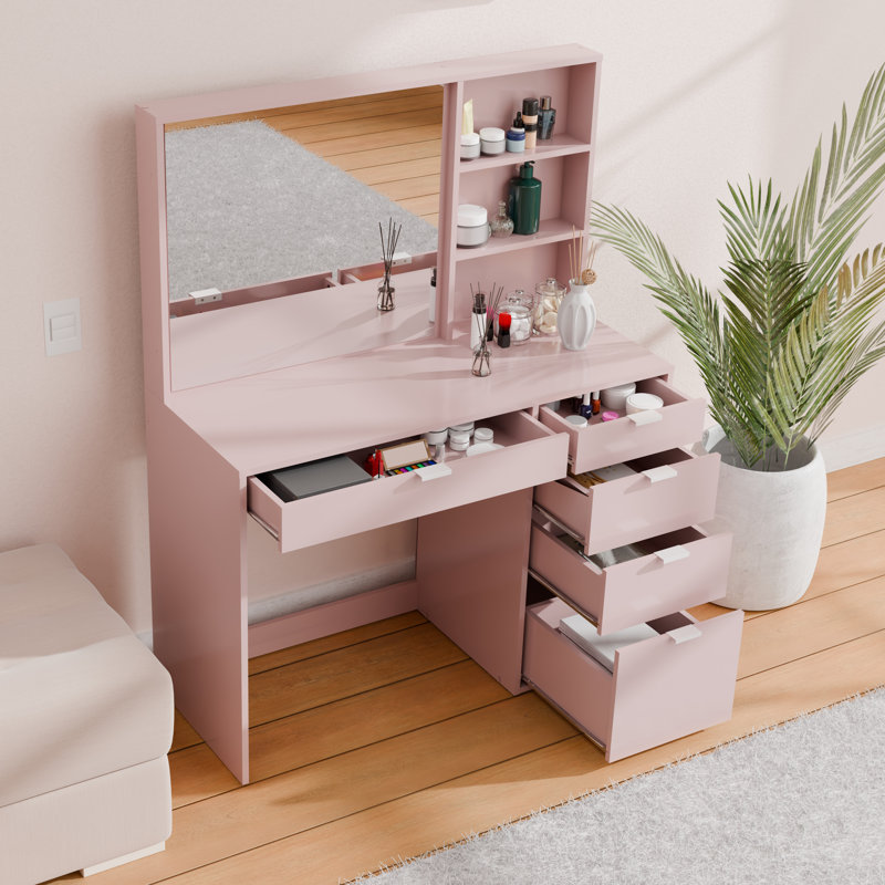 Coiffeuse Johnfrancis avec miroir et tiroirs, l 53,5 po, Rose