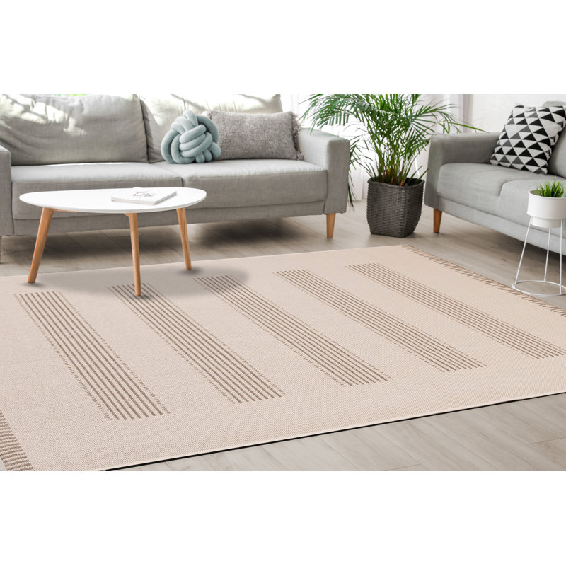 Ardina Striped Cream Beige Outdoor Patio Deck Area Rug, Rectangle 7'10" x 10'6"