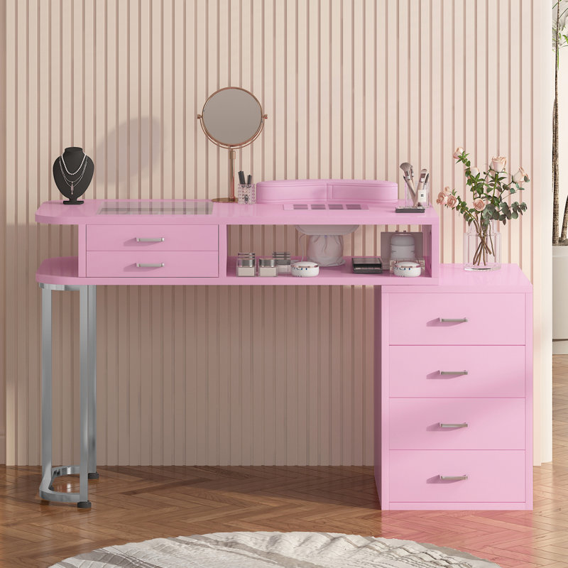 Manicure Nail Table For Nail Tech With Visible Display Desktop, Nail Workstation With Dust Collector, Wrist Cushion And 4 Large Drawers, Pink