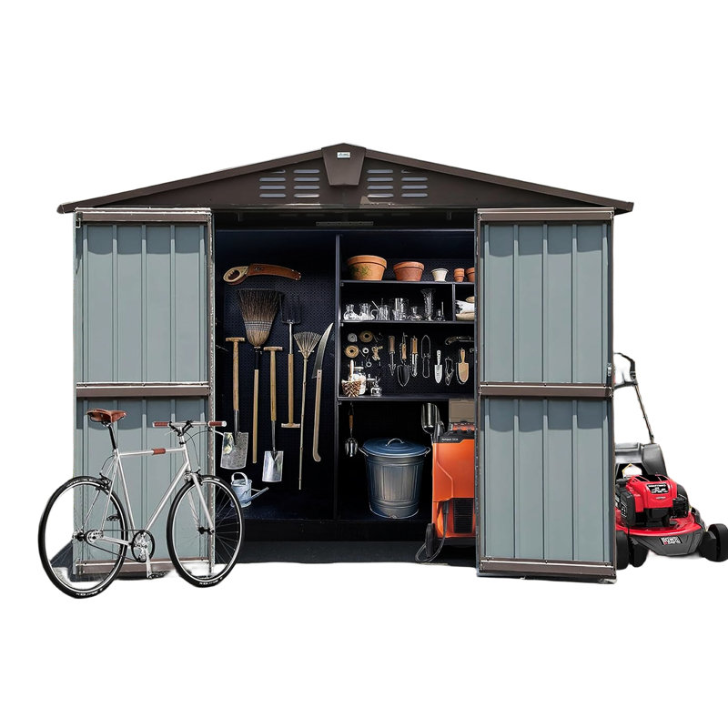8.2' X 6.2' Outdoor Storage Container - Metal Steel For Patio Garden Double Lockable Doors & Air Vents , Rust-, Brown Building Lawn ,