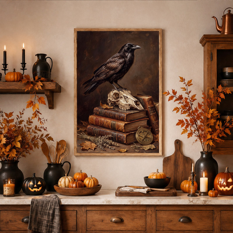 Corbeau noir perché sur un crâne et des livres en cuir - Toile murale d'Halloween, H 48 po x l 32 po