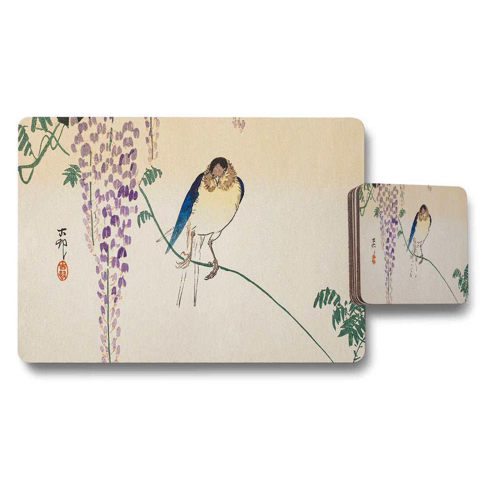 Bird And Wisteria Placemat And Coaster Set Japanese Inspired Decor