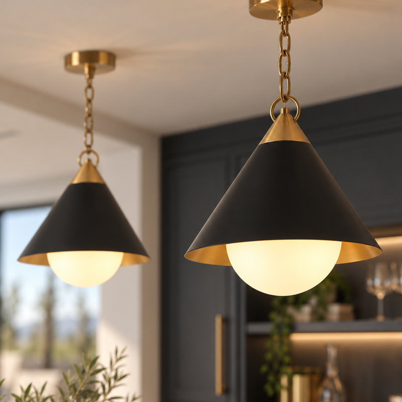Suspension Tilda à lumière en verre givré, style moderne noir et or, à intensité variable, idéale pour îlot de cuisine.