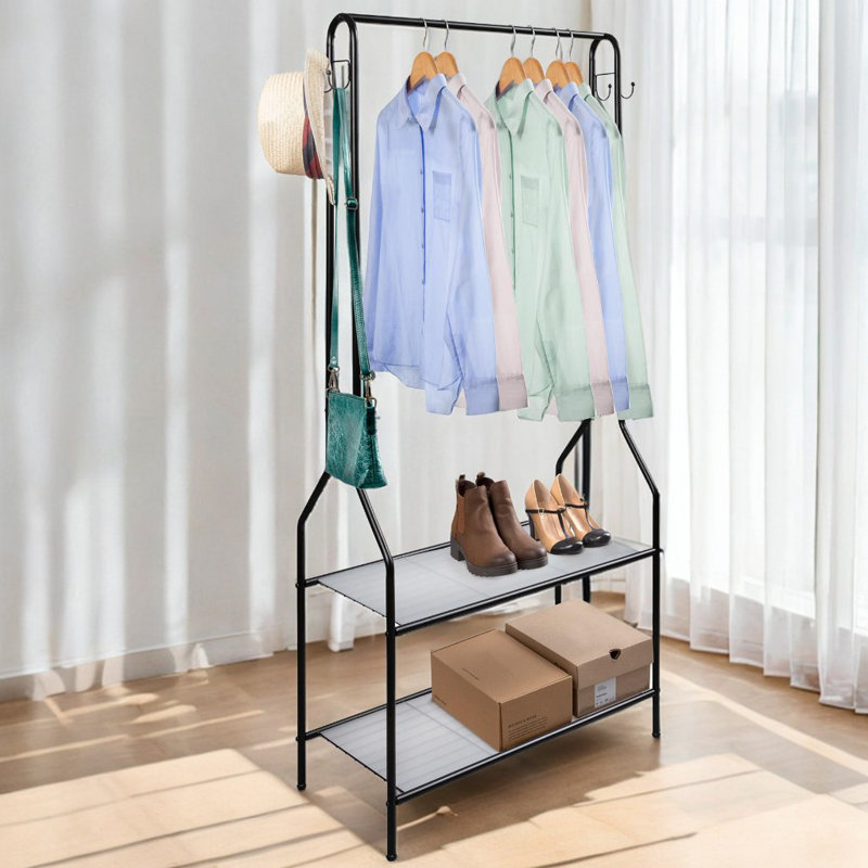 Aravind Clothes Rack Steel Clothing Rail With Two Shelves Hanging Hooks 5ft Height, Black