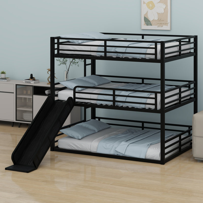 Metal Triple Bunk Bed With Safety Guardrails,Slide And Noise-Reduced Design, Full Over Full