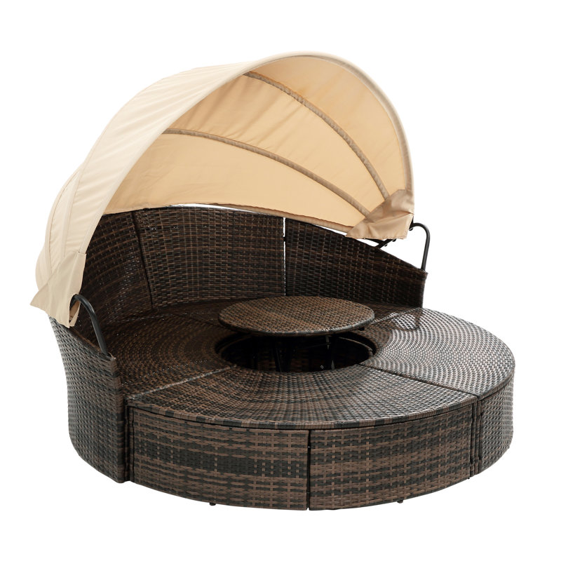 Outdoor Lounge With Canopy: Round Bed  Cushions And Pillows Daybed Foam Fill, Beige