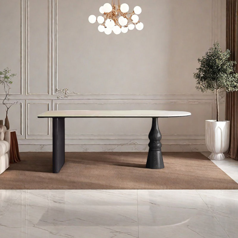 Sintered stone solid wood dining table, 29.53"H x 55.12"L x 31.5"W, Black