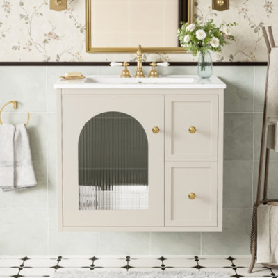 Meuble-lavabo mural 24 po avec lavabo en céramique - 2 tiroirs + porte à fermeture en douceur - Armoire compacte pour les petites salles de bain