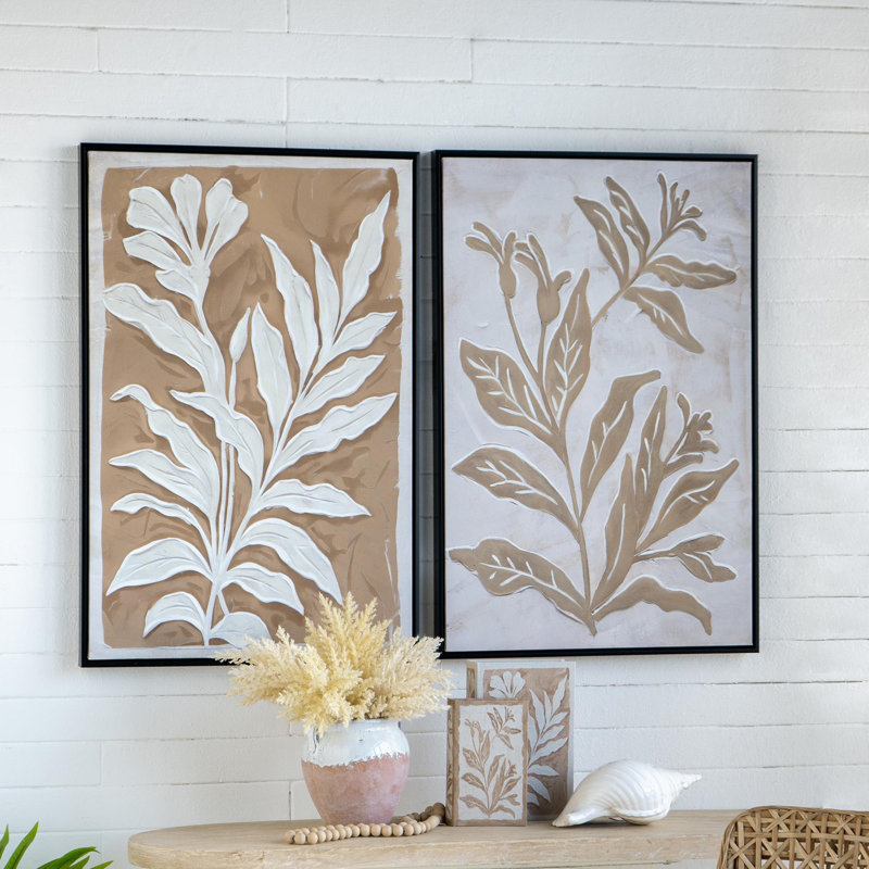 Peintures de feuilles brunes et blanches minimalistes avec cadre, ensemble de 2