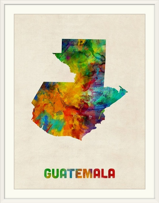 «Guatemala Watercolor Map» par Abarca, impression, Cadre blanc, l 44 po x P 35 po x H 1 po