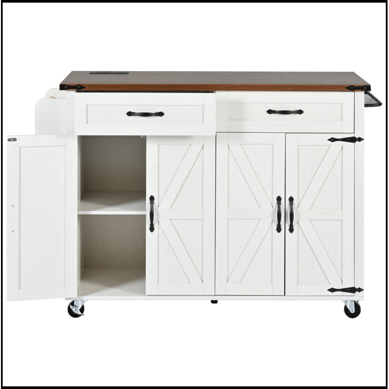 53.5 Inch Farmhouse Kitchen Island with Power Outlet, Spacious Storage, Drop Leaf, and Rolling Wheels for Versatile Use in Home Kitchens