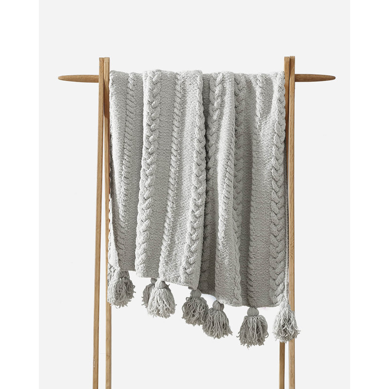 Braided Pom Throw Blanket, Cloud Gray