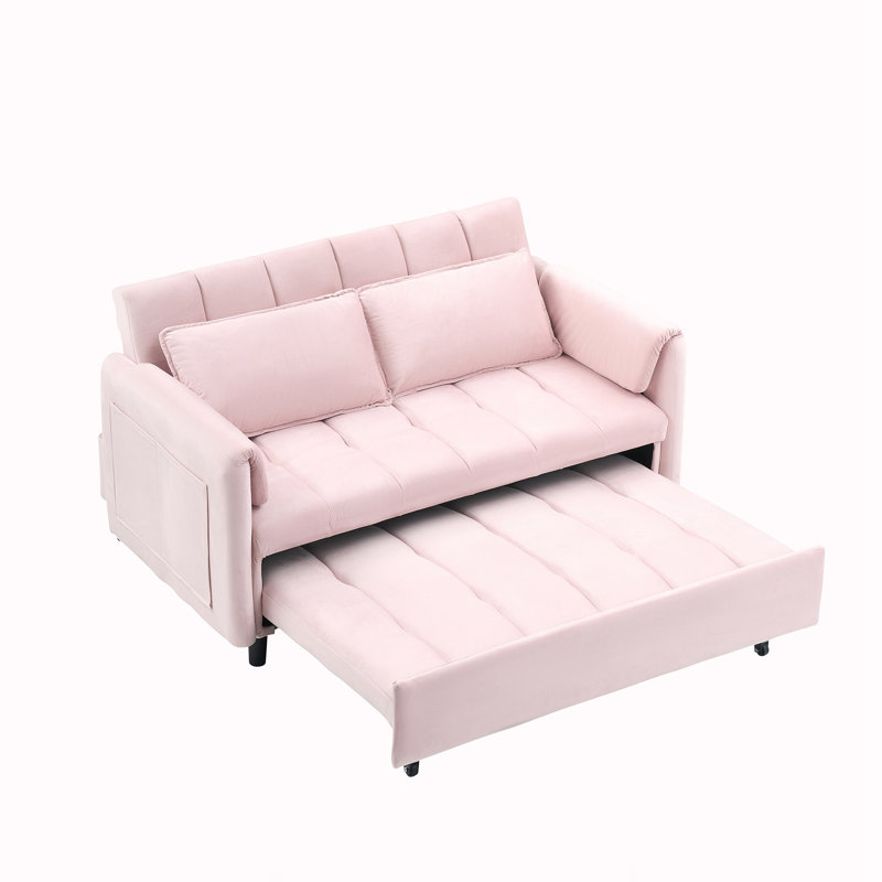 55" Two Seater Pull Out Sofa Bed, Adjustable Backrest With USB Ports, Two Side Pockets, Pink Flannelette