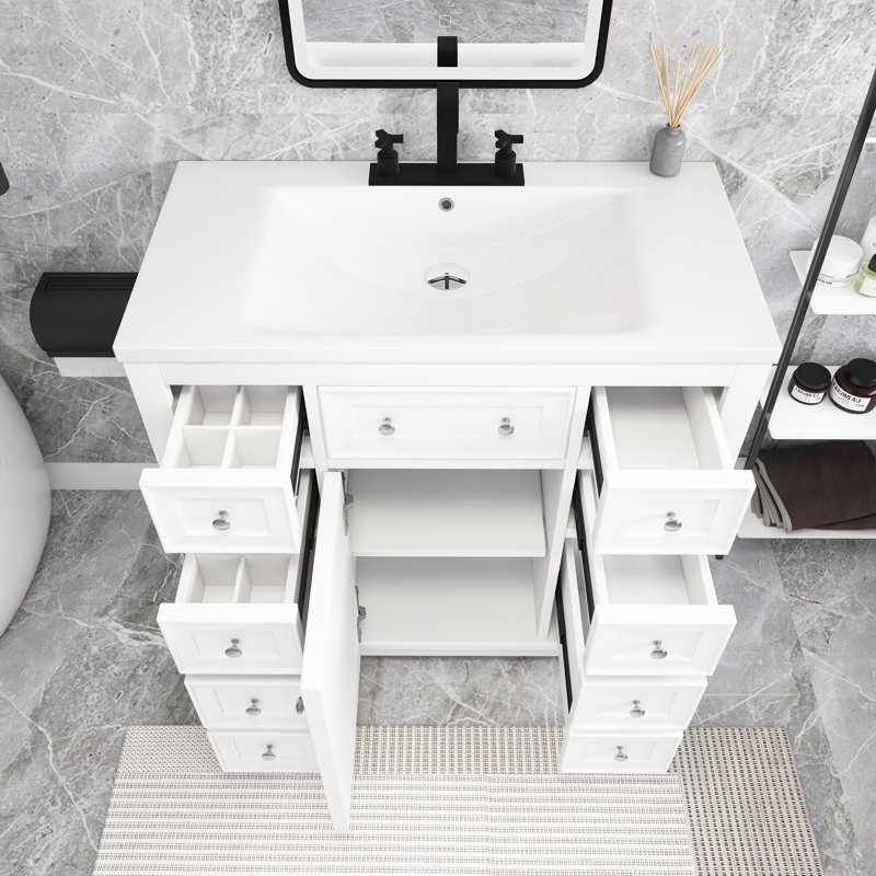 Meuble-lavabo simple autoportant 36 po avec plateau en céramique Matie, Blanc