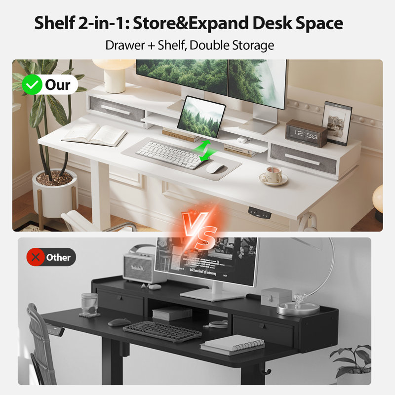 Bureau debout électrique de 55 po avec tiroirs, bureau réglable en hauteur avec tablette de rangement rétractable, table d'ordinateur de bureau à la maison