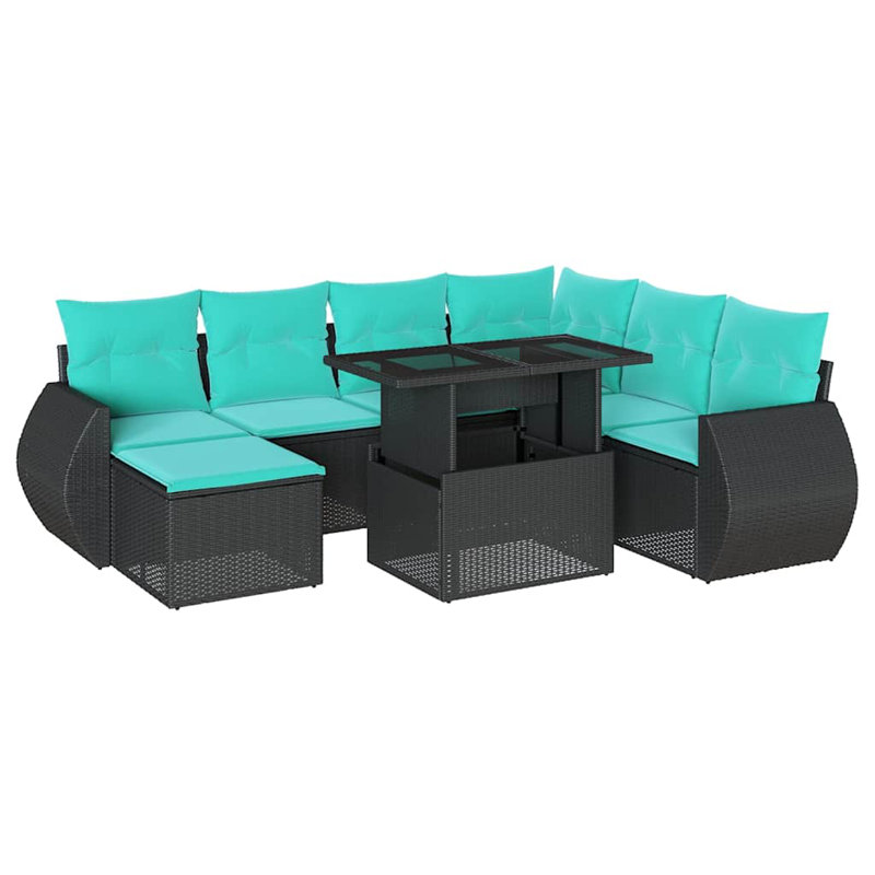  Ensemble de canapé de patio 8 pièces avec coussins en rotin de polyester noir, Bleu clair, Noir