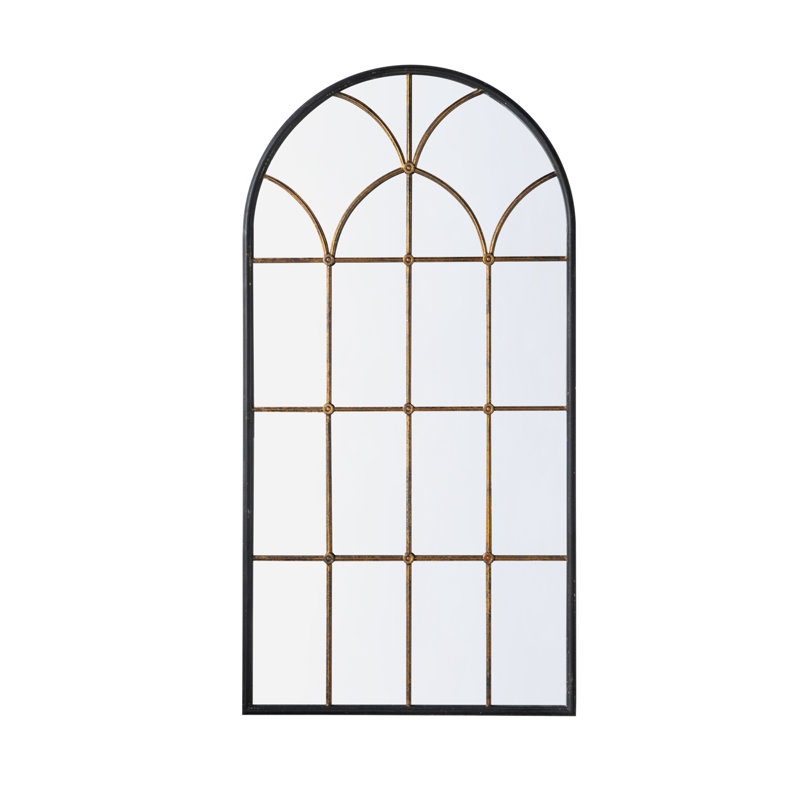 34X65.5" Arched Full-Length Mirror With Black And Gold Windowpane Design, 65.5" x 34"