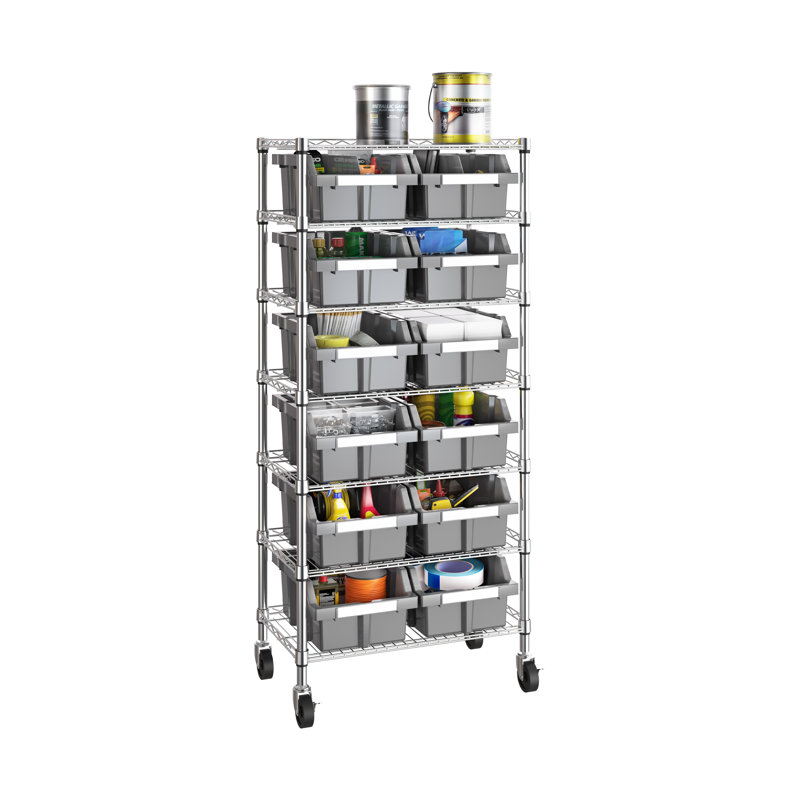 Gray 7-Tier Steel Wire Shelving Unit with 12 Bins
