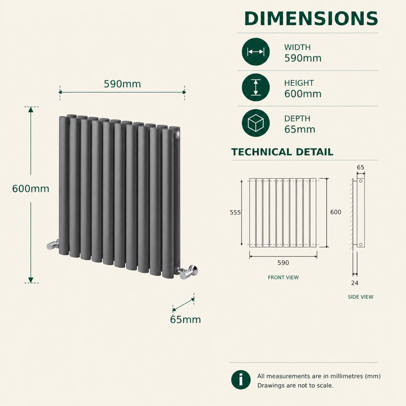  Horizontal Oval Panel Radiators, 600mm H x 590mm W, Grey