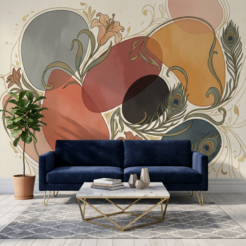 Murale de plumes de paon Art Nouveau, 200 po x 120 po, Peler et coller