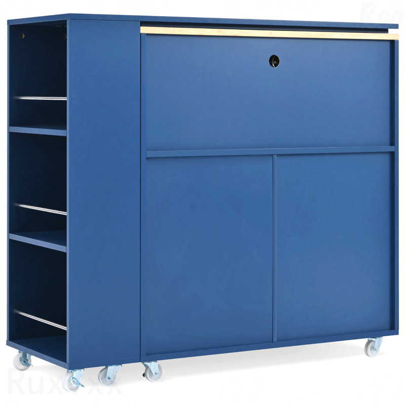 Rolling Kitchen Island With Extended Table, Kitchen Island On Wheels With Led Lights,Power Outlets And 2 Fluted Glass Doors, Kitchen Island With A Storage Compartment And Side 3 Open Shelves, Navy