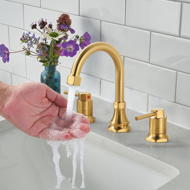 8 In. Widespread Double Handle High Arc Bathroom Faucet With Drain Kit Included In Brushed Gold, Gold