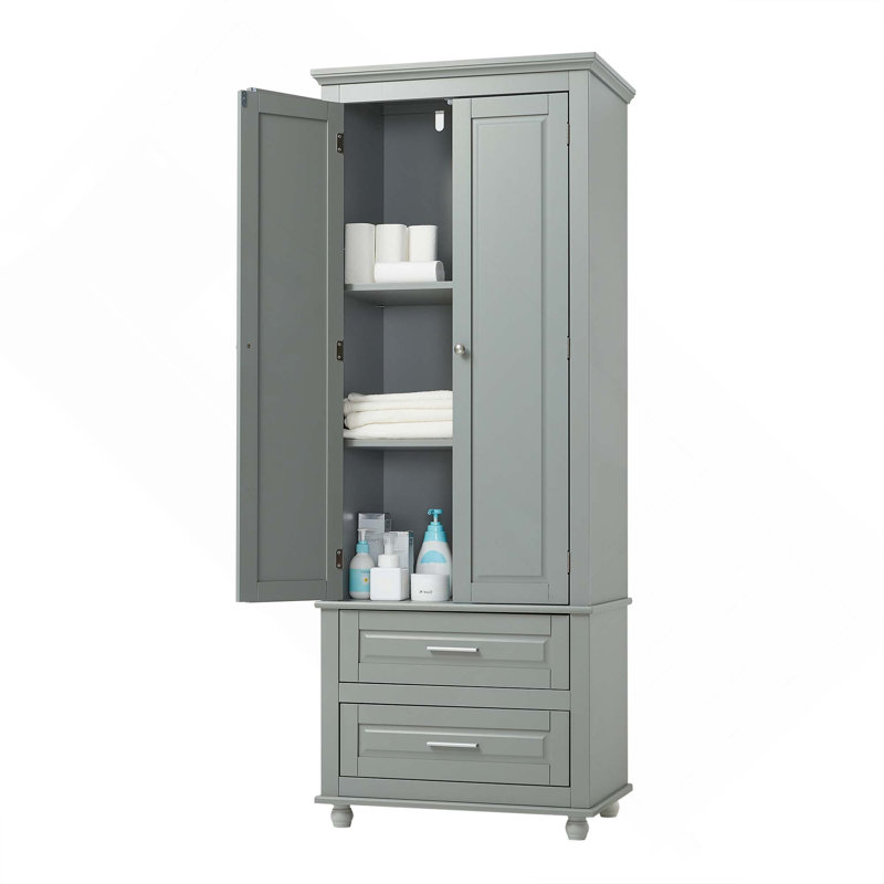 Tall Storage Cabinet With 2 Doors & 2 Drawers For Bathroom/Office, Gray
