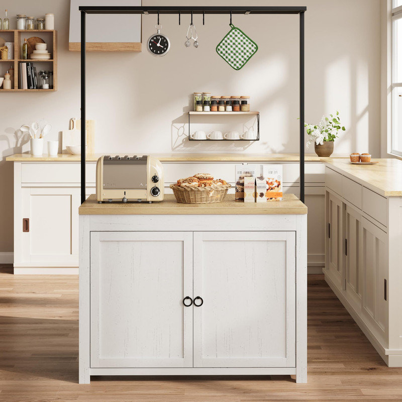 Chariot de cuisine de 42 po avec rangement - 2 tablettes à 5 niveaux et 5 crochets en bois blanc et naturel pour la cuisine, la salle à manger ou le salon
