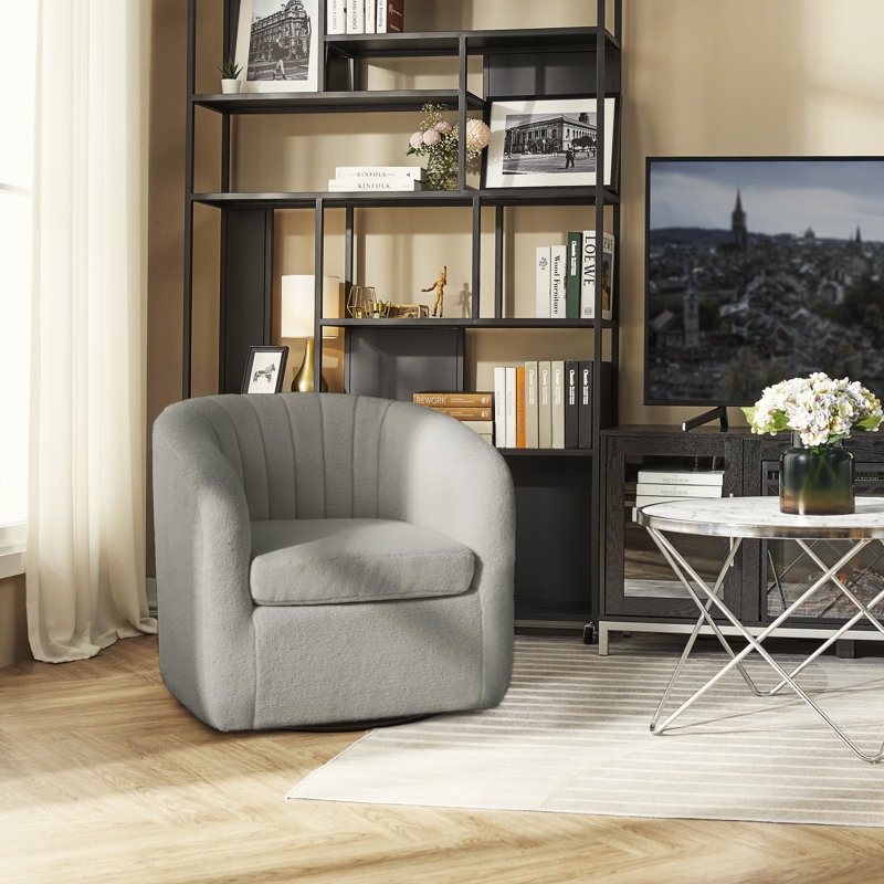 Gray Polyester Blend Swivel Barrel Chair with Wood Base
