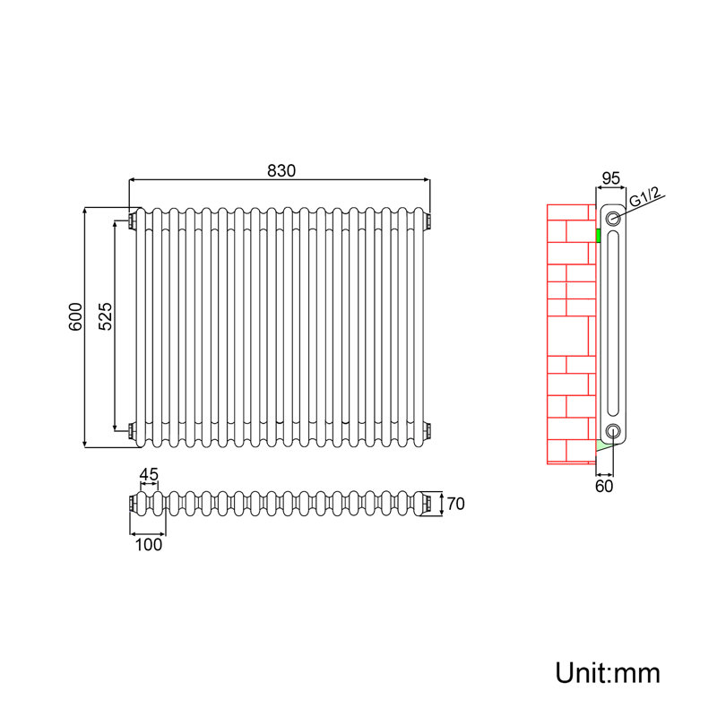 Carmellia Horizontal Designer Radiator, 60cm H x 81cm W x 9cm D
