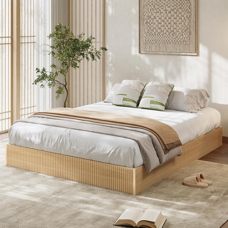 Structure de lit double en bois, conception en bois cannelé, support de lattes robuste, sans sommier, noyer, Double