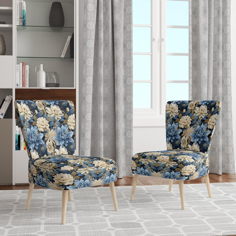 Blue And White Blooming Floral Pattern - Upholstered Cottage Accent Side Chair