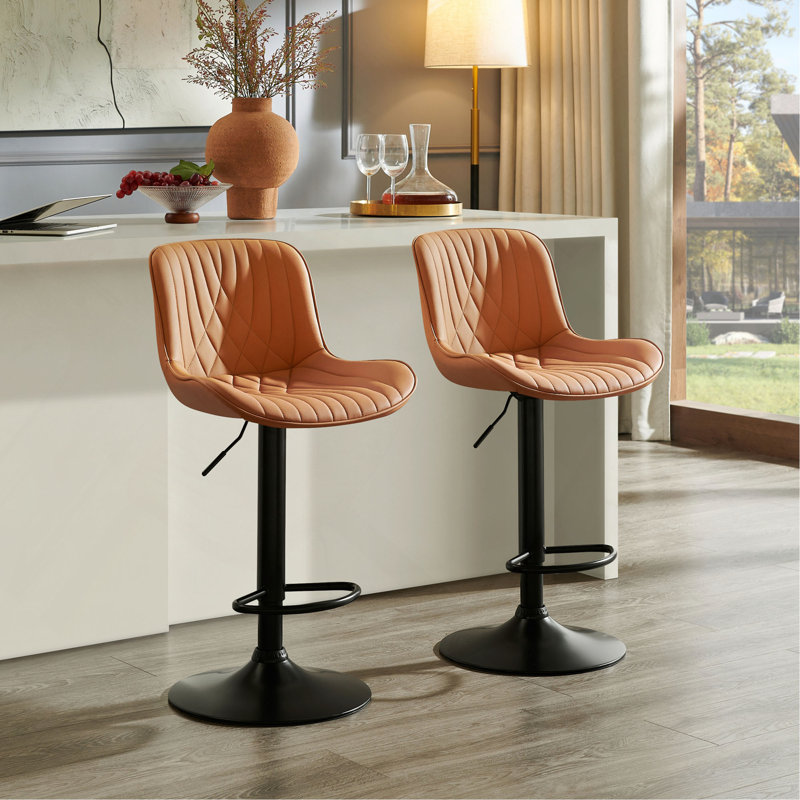 Tabouret réglable contemporain avec sièges pivotants en similicuir, ensemble de 2, Orange