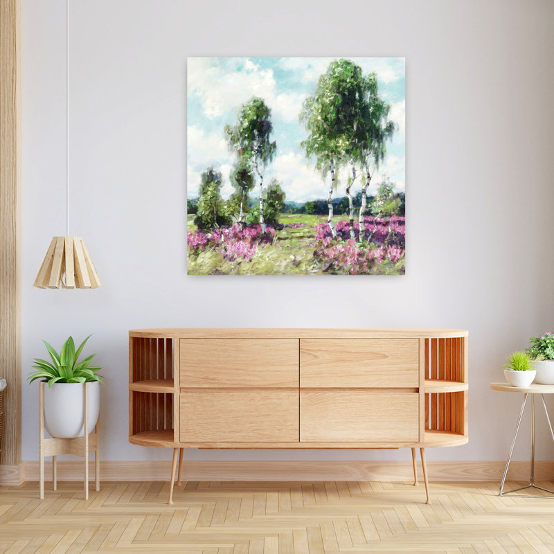 «Summer Day Birches», art contemporain de paysage de bouleau abstrait, H 36 po x l 36 po